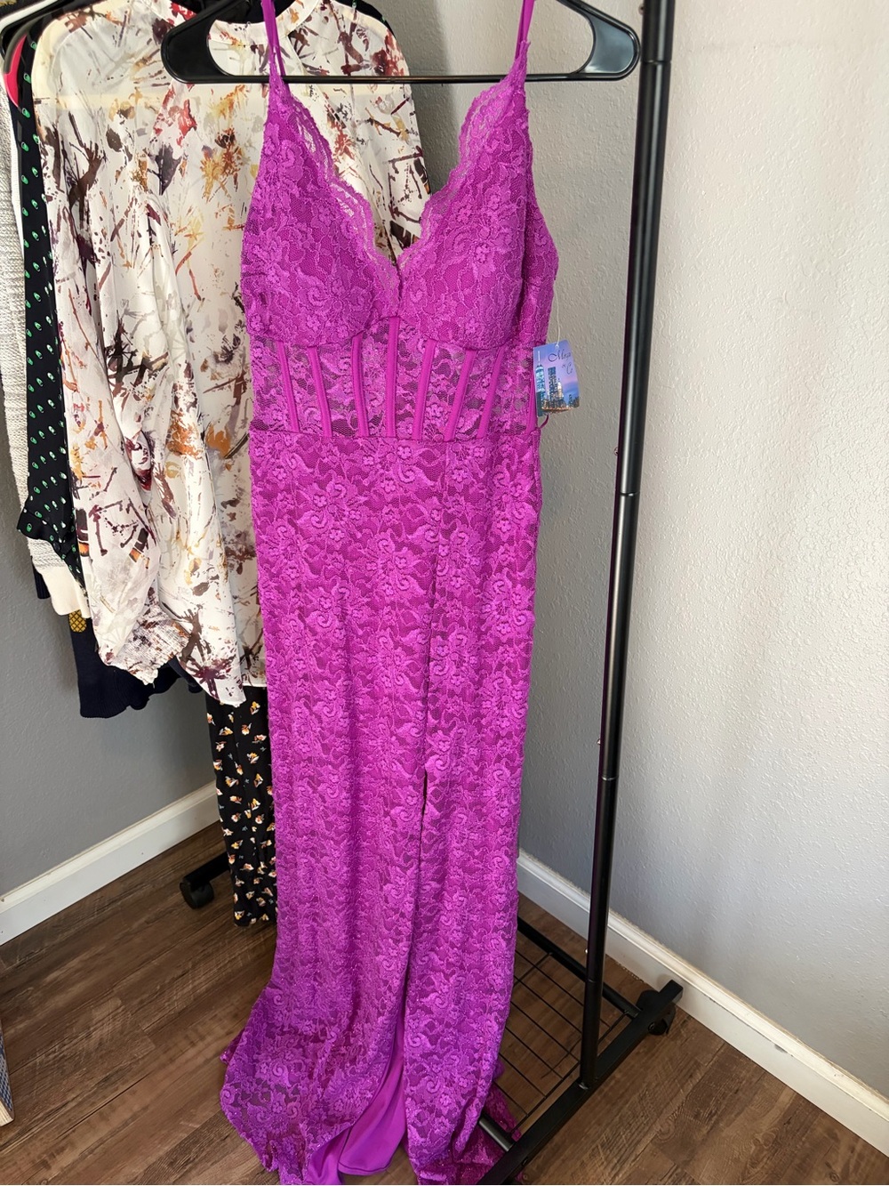 Morgan and Co Fuchsia/Purple Lace Maxi Dress with Sheer Bodice